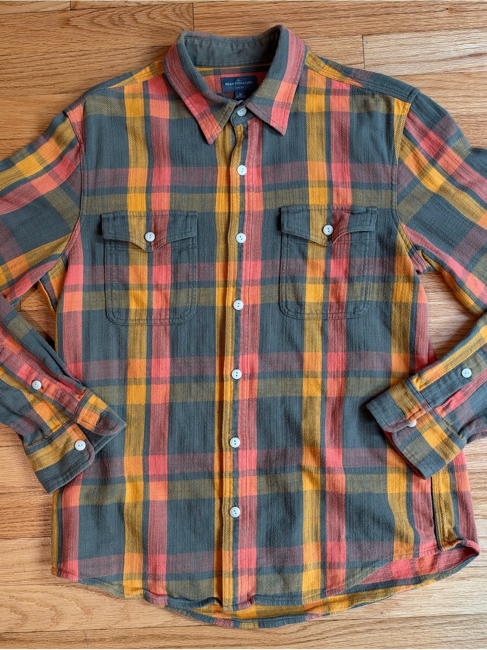 L.L. Bean Signature Men’s Plaid Button-Down Shirt in Olive & Orange Tones - Slim